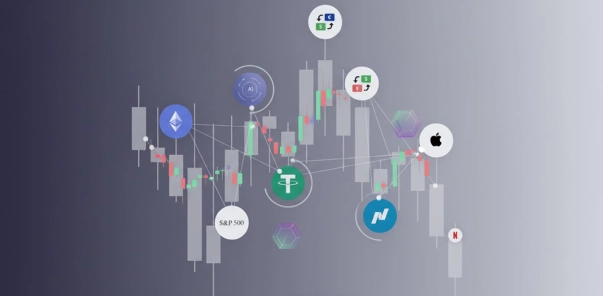 Tradeel digital finance network with connected trading icons
