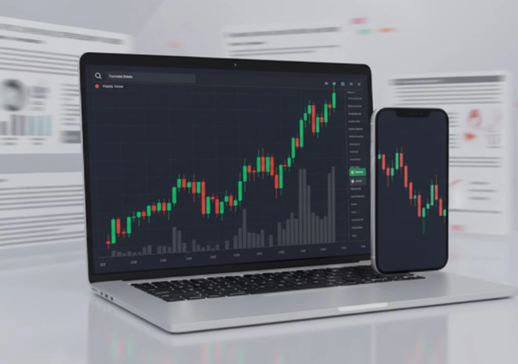 Dotbig – Laptop and smartphone displaying synchronized trading charts with upward market trend