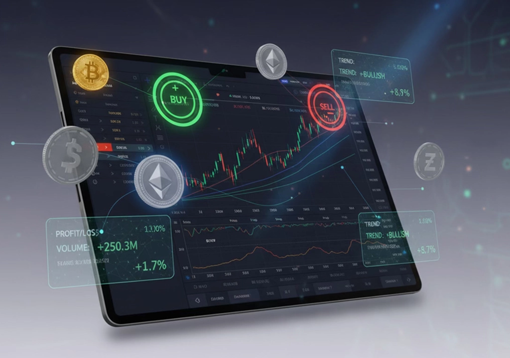 Tradeel digital trading interface on tablet with financial graphs and crypto symbols