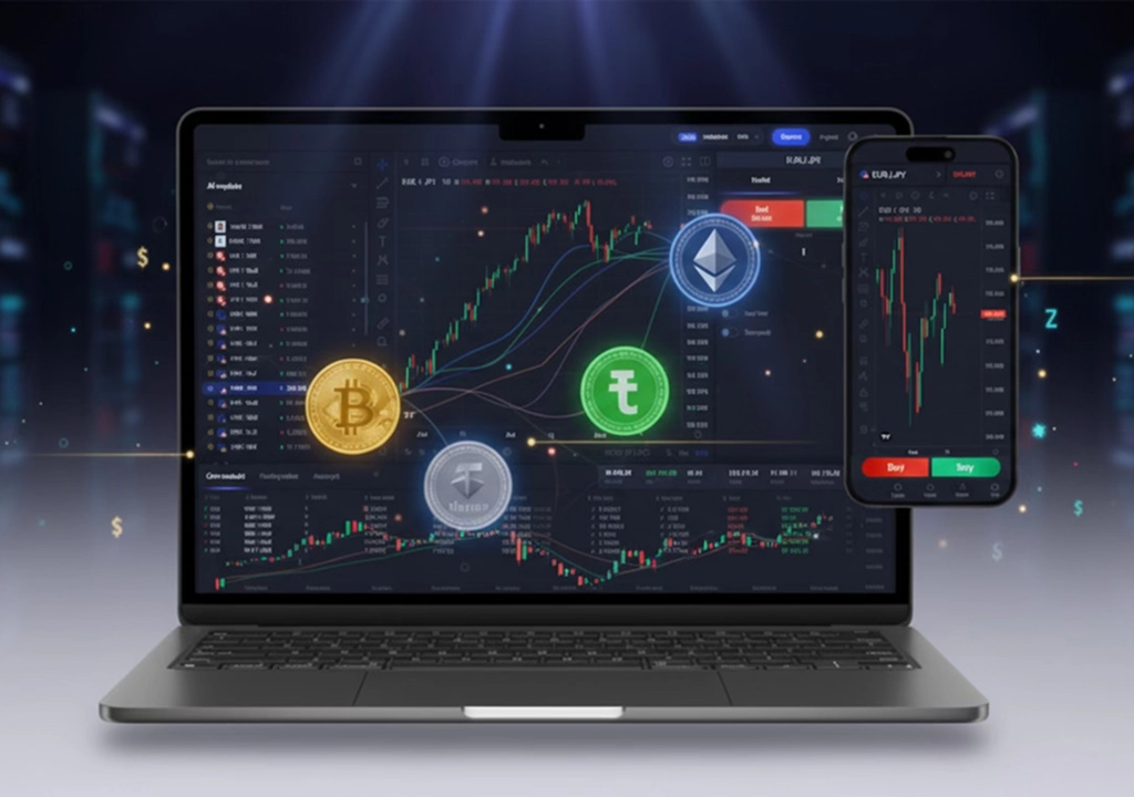 Tradeel trading platform on laptop showing market charts and cryptocurrency icons